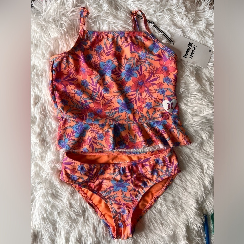 NWT! Hurley Girl's 2-Piece Ruffle Tankini SPF Protection